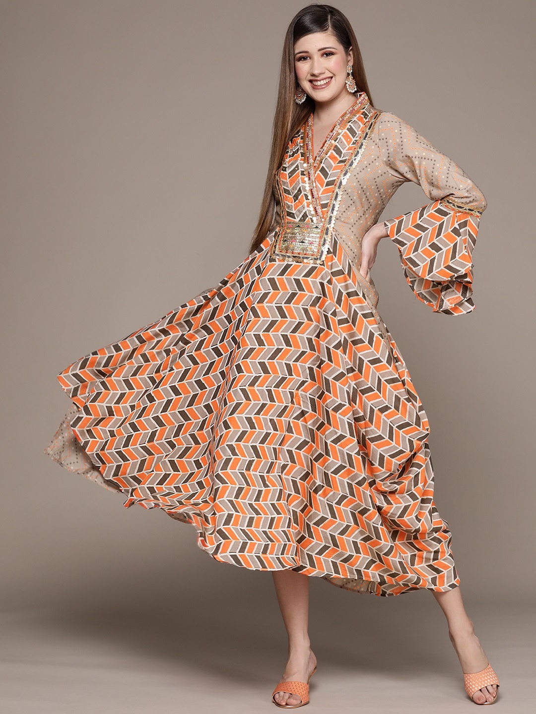 

Ishin Women Taupe & Orange Geometric Printed Embellished Ethnic A-Line Midi Dress