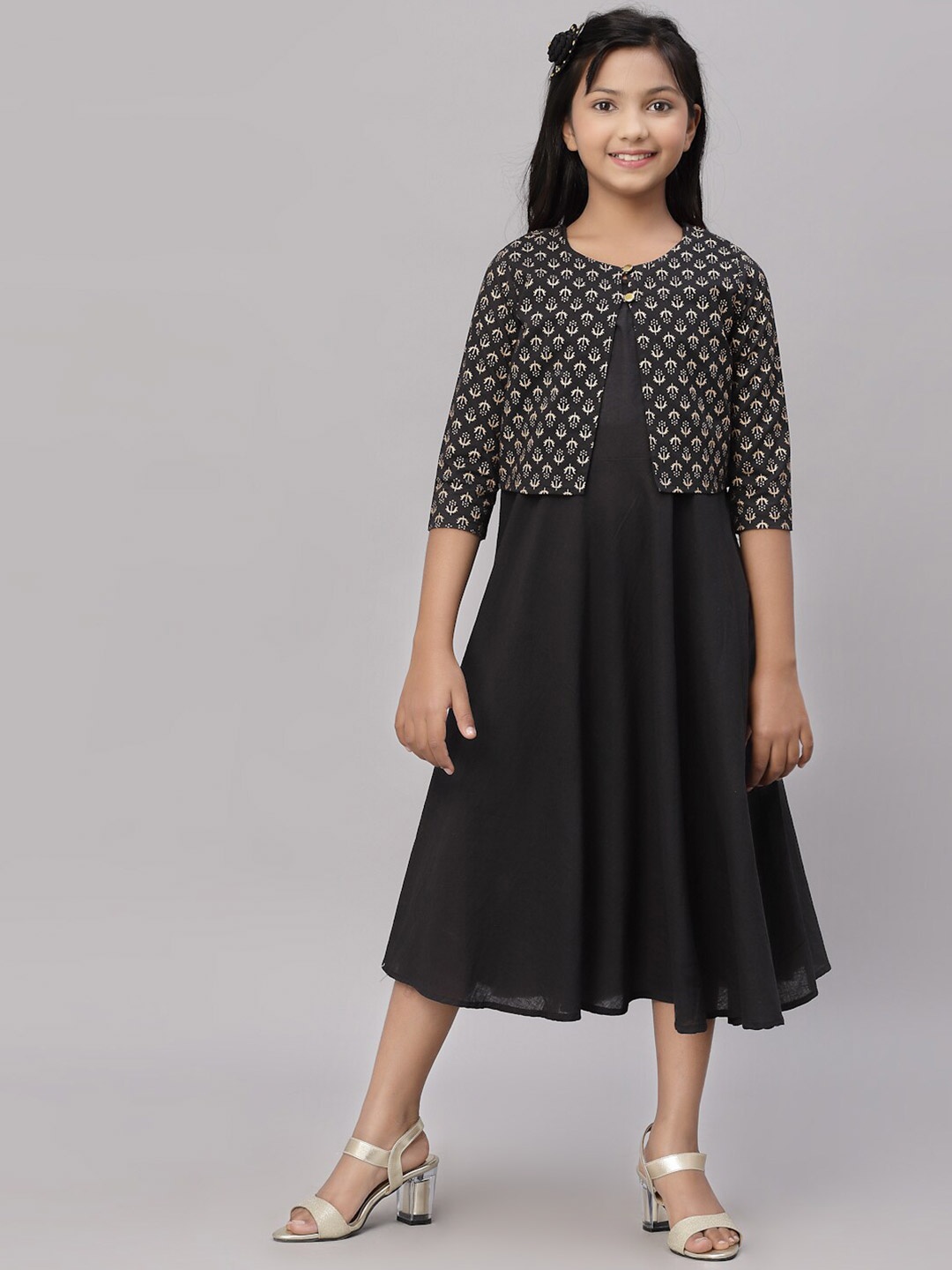 

NISHAB Black A-Line Pure Cotton Midi Dress With Printed Jacket