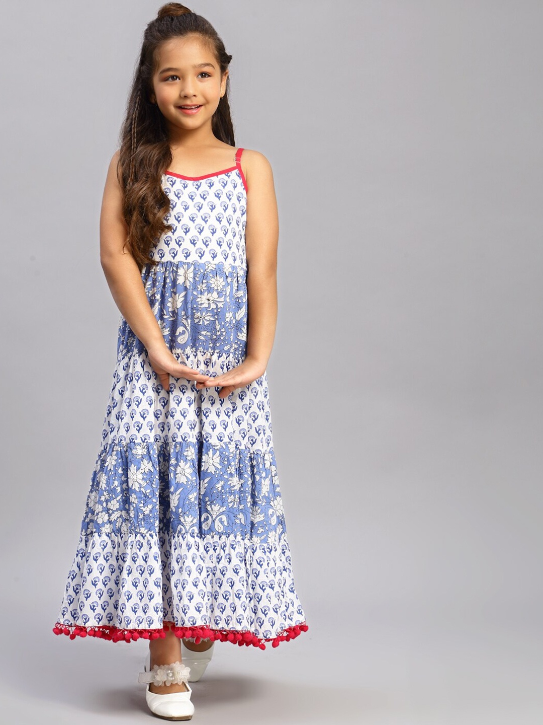 

NISHAB Girls White & Blue Printed Maxi Cotton Dress