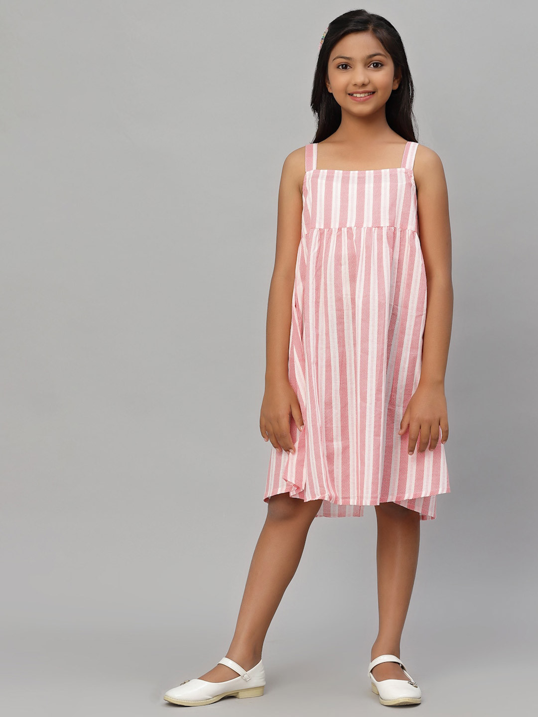 

NISHAB Pink & White Pure Cotton Striped A-Line Dress