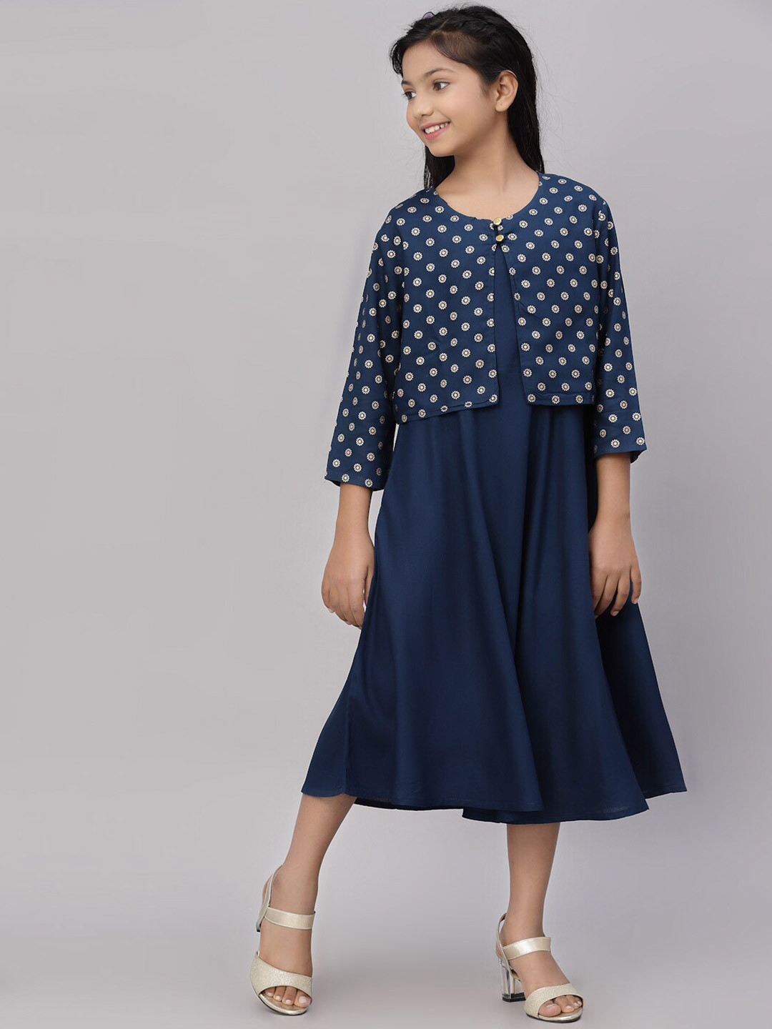 

NISHAB Girls Blue & White A-Line Midi Dress