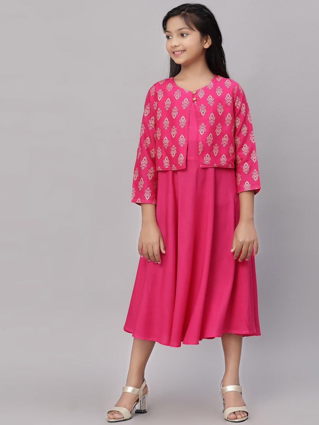

NISHAB Pink Ethnic Motifs A-Line Midi Dress