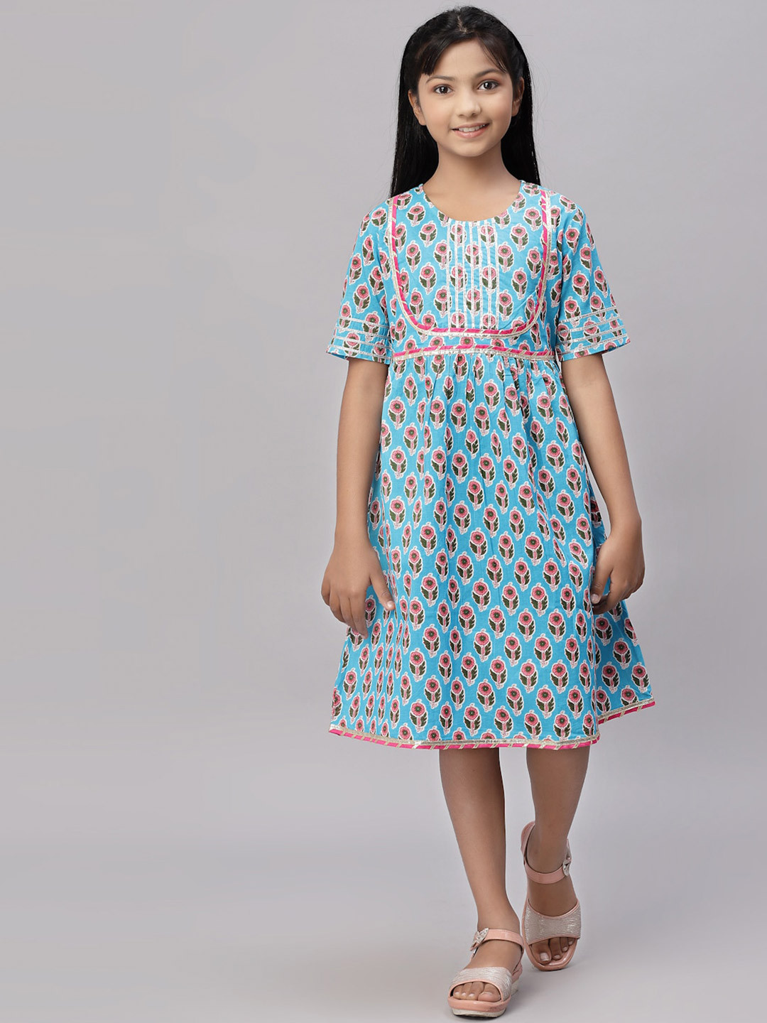 

NISHAB Pink & Blue Floral A-Line Midi Cotton Dress