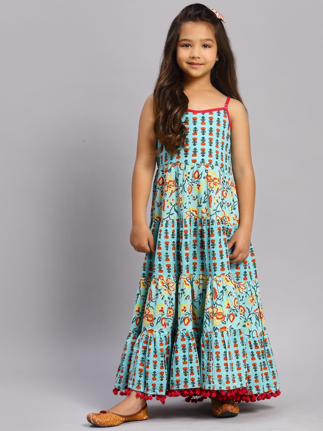 

NISHAB Girls Blue Floral Printed Cotton Maxi Dress