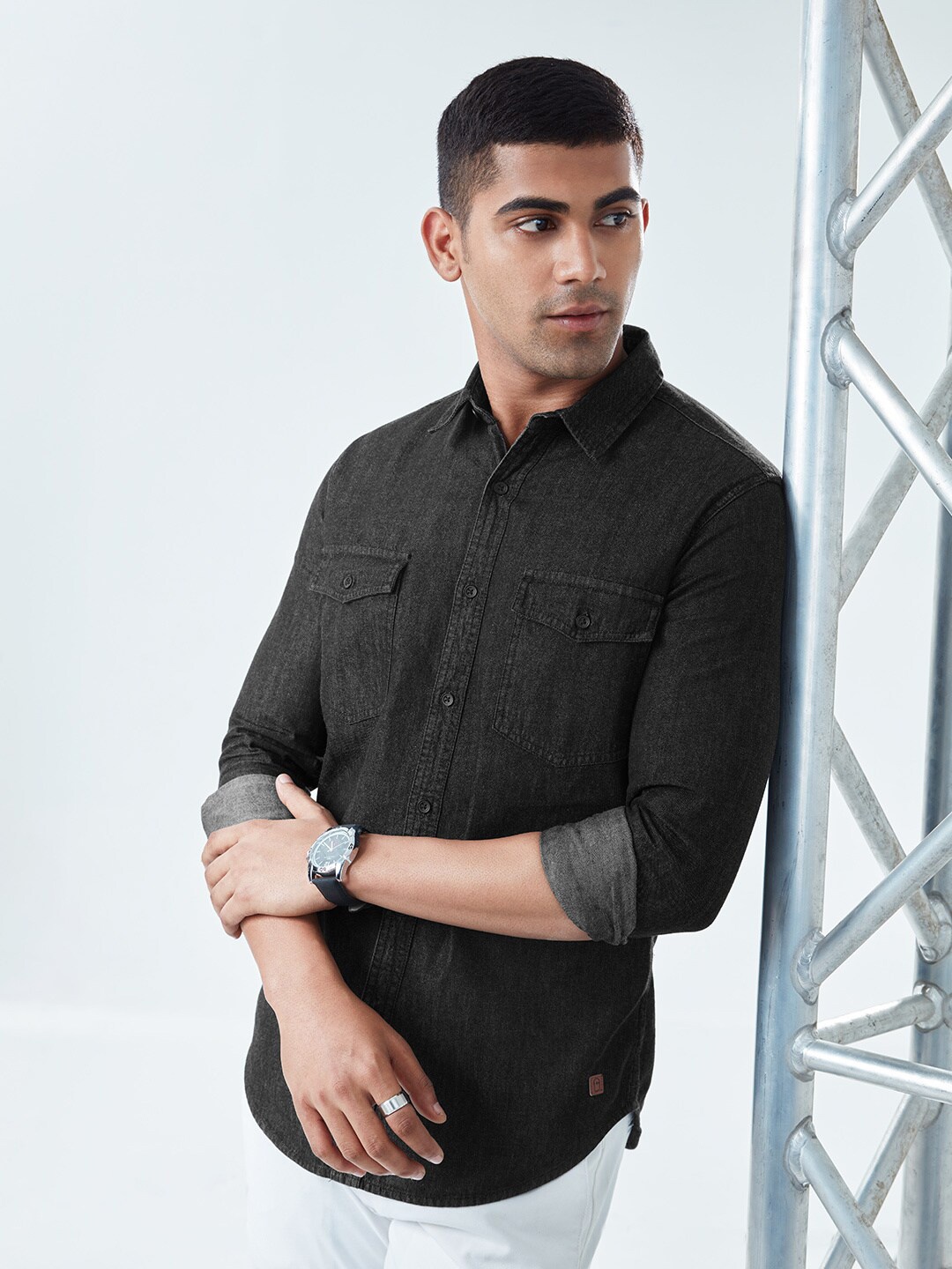 

The Souled Store Men Charcoal Grey Comfort Cotton Denim Casual Shirt