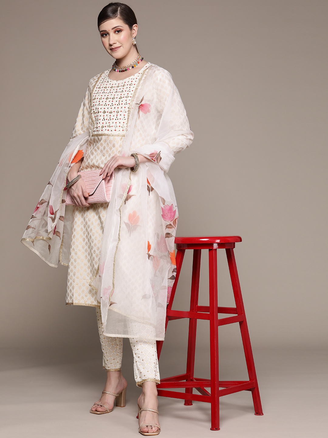 

Ishin Women Off White Ethnic Motifs Embroidered Gotta Patti Kurta with Trousers & Dupatta