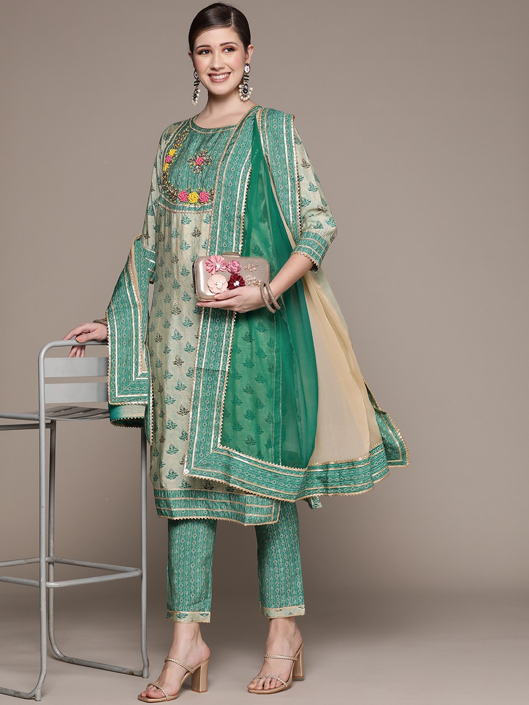 

Ishin Women Green Floral Yoke Design Gotta Patti Kurta with Trousers & Dupatta
