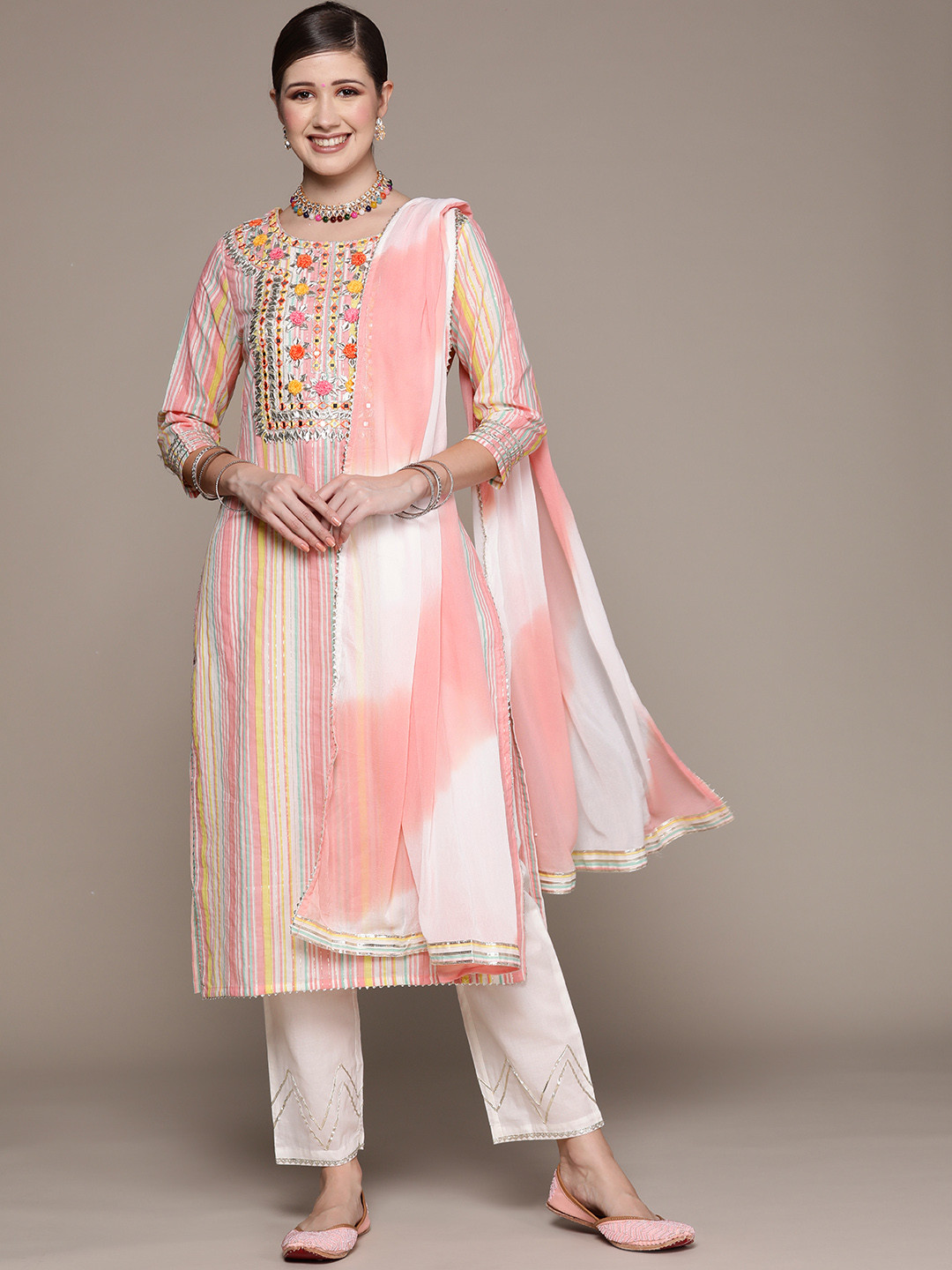 

Ishin Women Dusty Pink & White Striped Mirror Work Kurta with Trousers & Dupatta, Rose