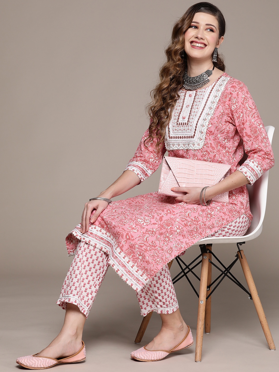 

Ishin Women Dusty Pink Ethnic Motifs Printed Mirror Work Pure Cotton Kurta with Trousers, Rose