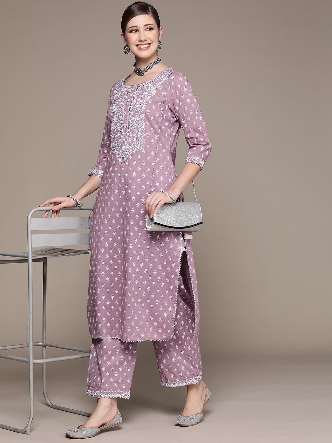 

Ishin Women Mauve Ethnic Motifs Embroidered Mirror Work Pure Cotton Kurta with Palazzos