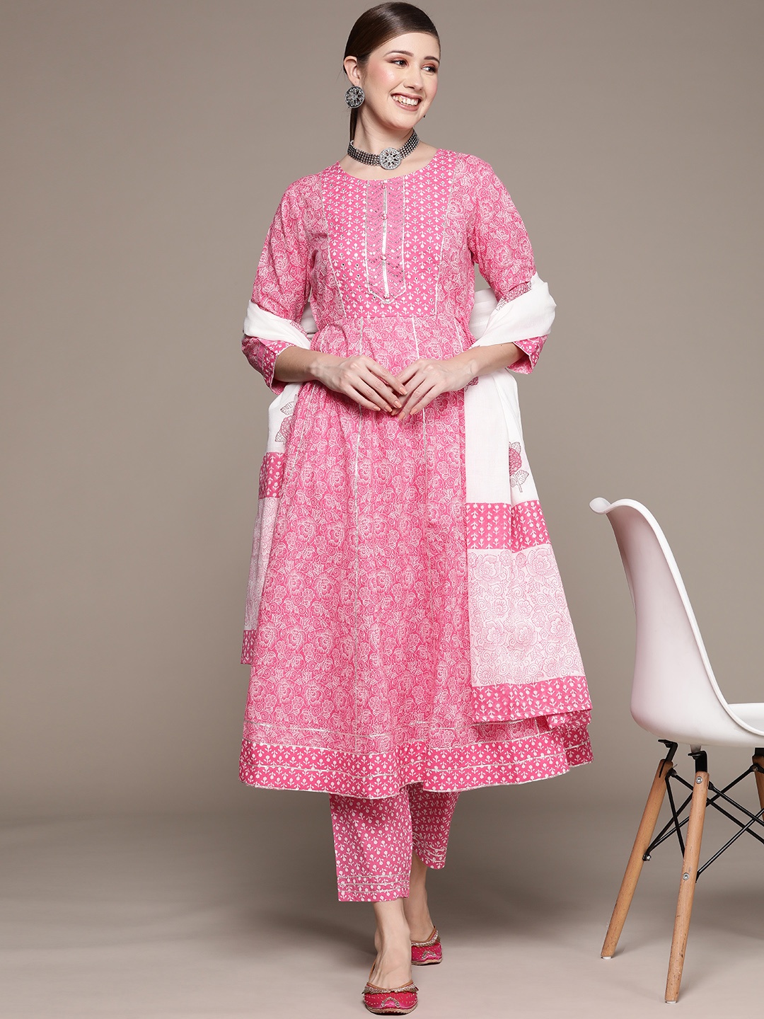 

Ishin Women Pink Ethnic Motifs Printed Pure Cotton Anarkali Kurta with Trousers & Dupatta