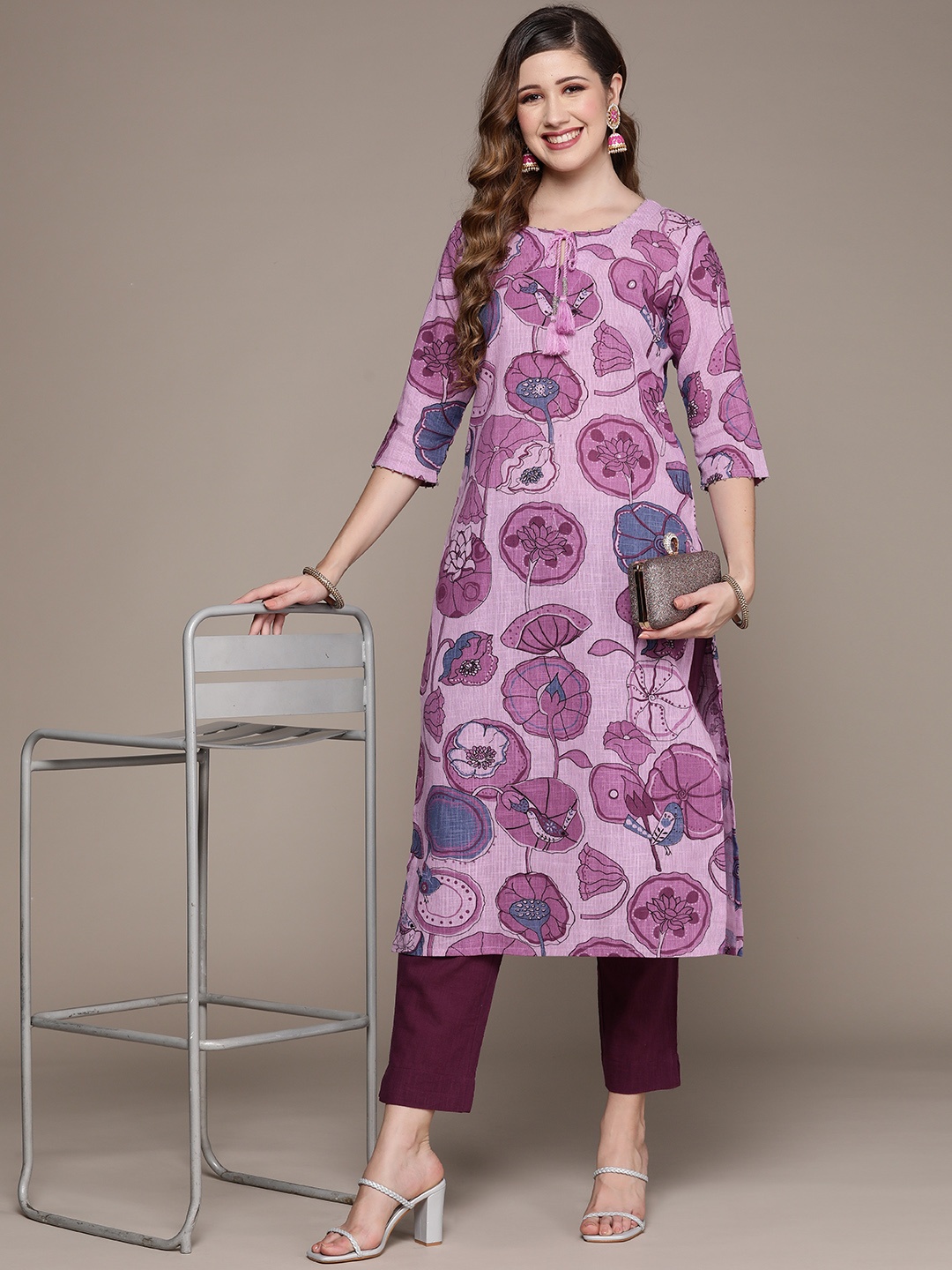 

Ishin Women Lavender Floral Printed Mirror Work Pure Cotton Kurta with Trousers