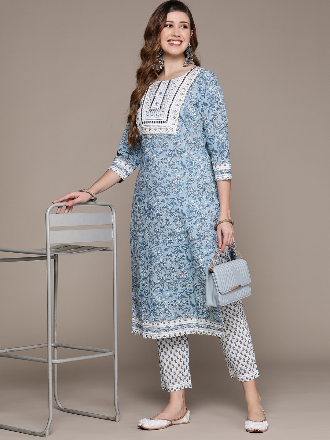 

Ishin Women Blue Ethnic Motifs Printed Mirror Work Pure Cotton Kurta with Trousers