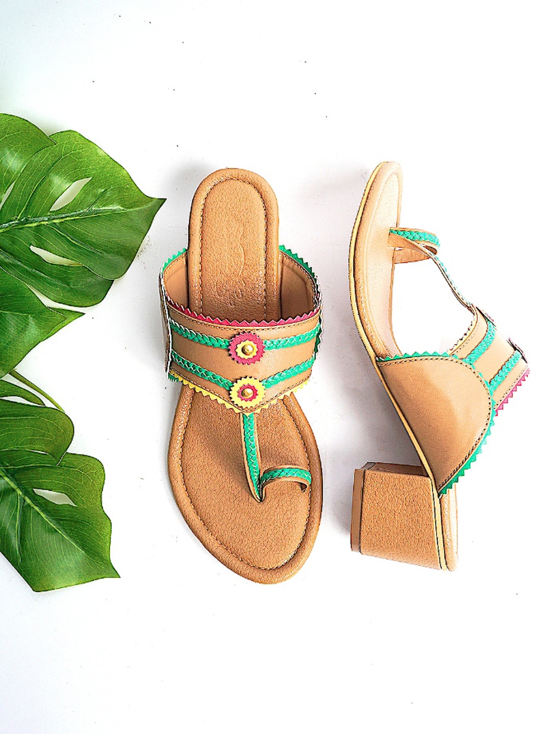 

Sole House Beige & Green Ethnic Embellished Block Heels