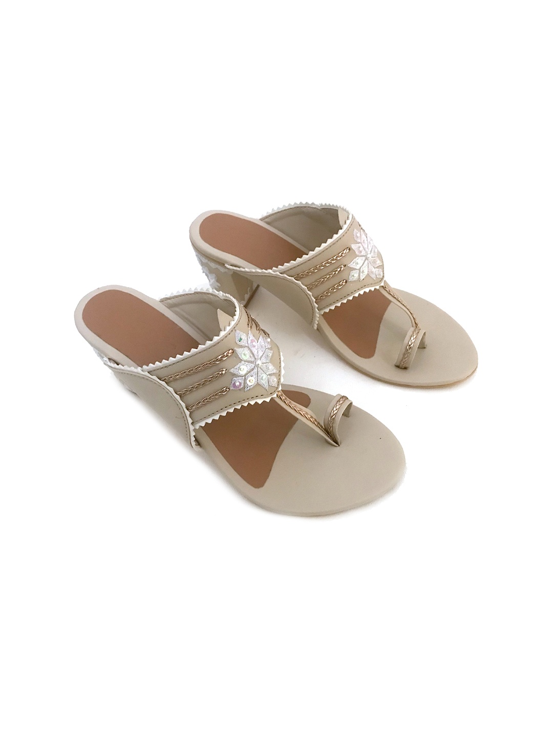 

Sole House Women Cream-Coloured Embellished PU Block Ethnic Heels