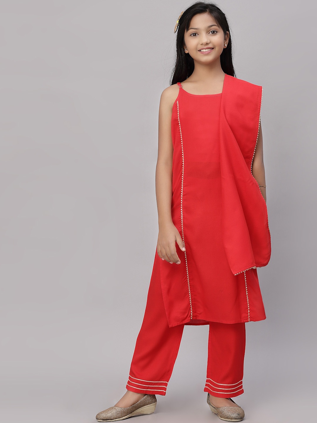 

NISHAB Girls Red Solid Kurta with Trousers & With Dupatta