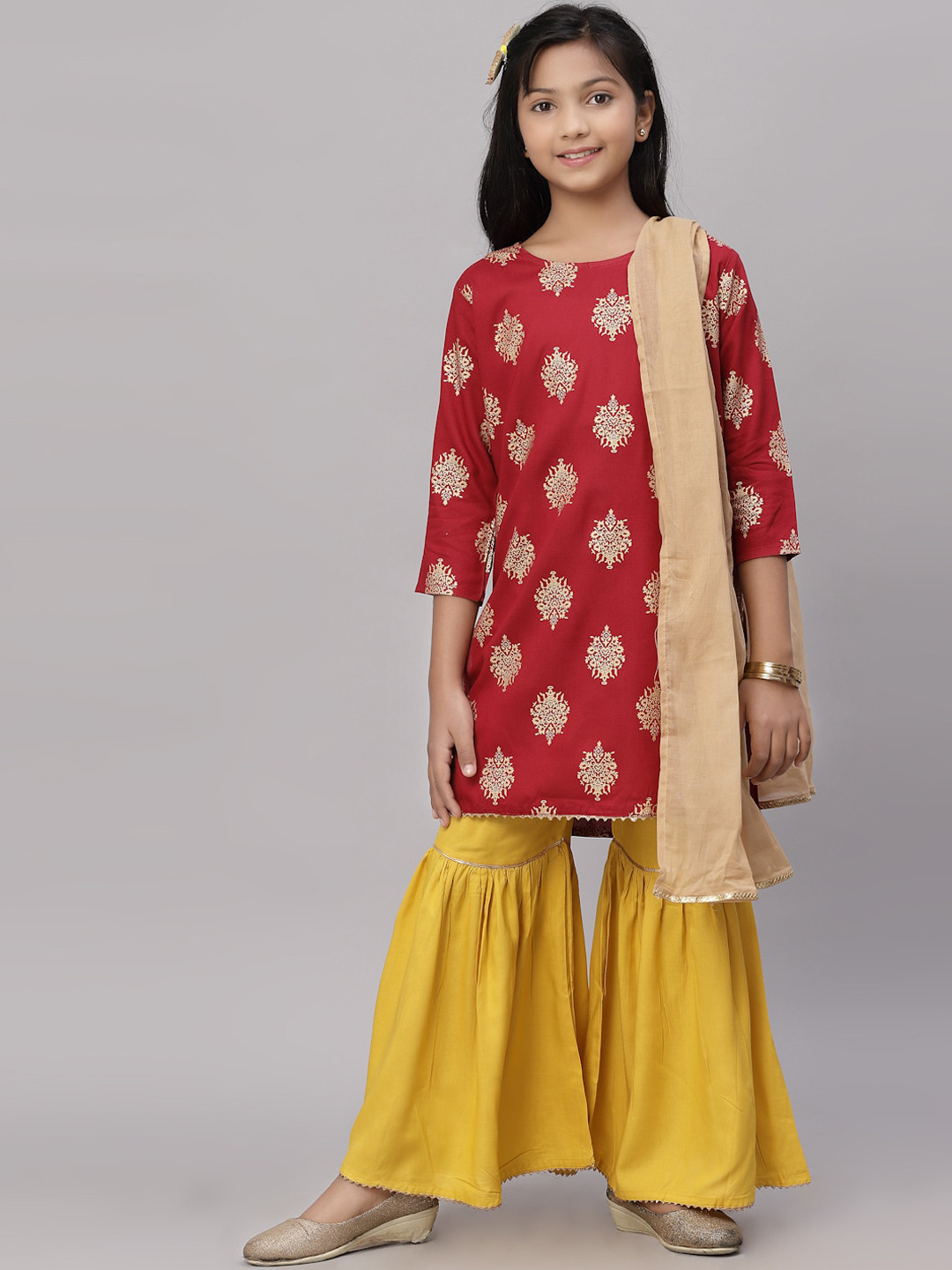 

NISHAB Girls Maroon Ethnic Motifs Printed Kurti with Sharara & Dupatta