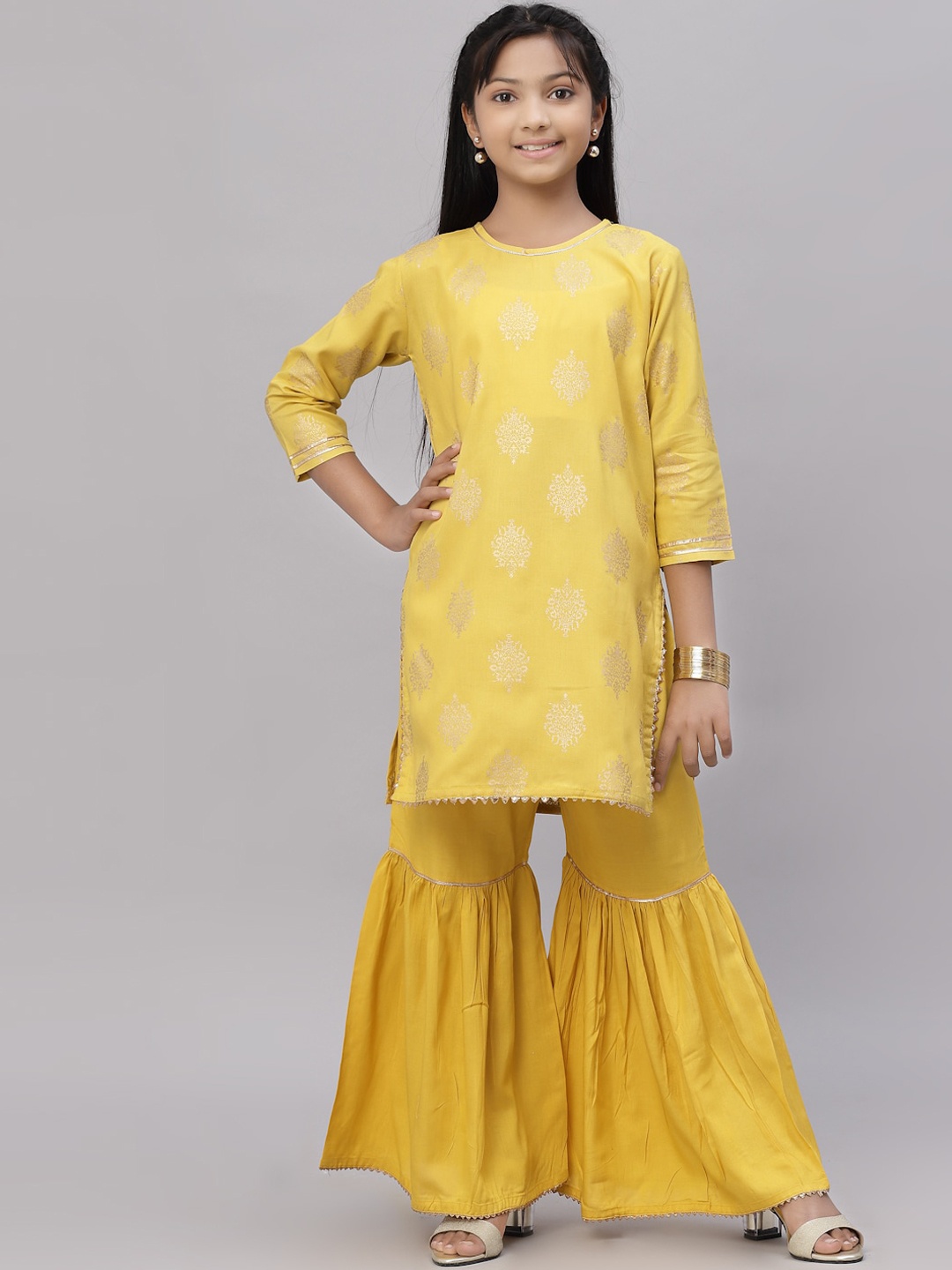 

NISHAB Girls Yellow Ethnic Motifs Printed Kurti with Sharara