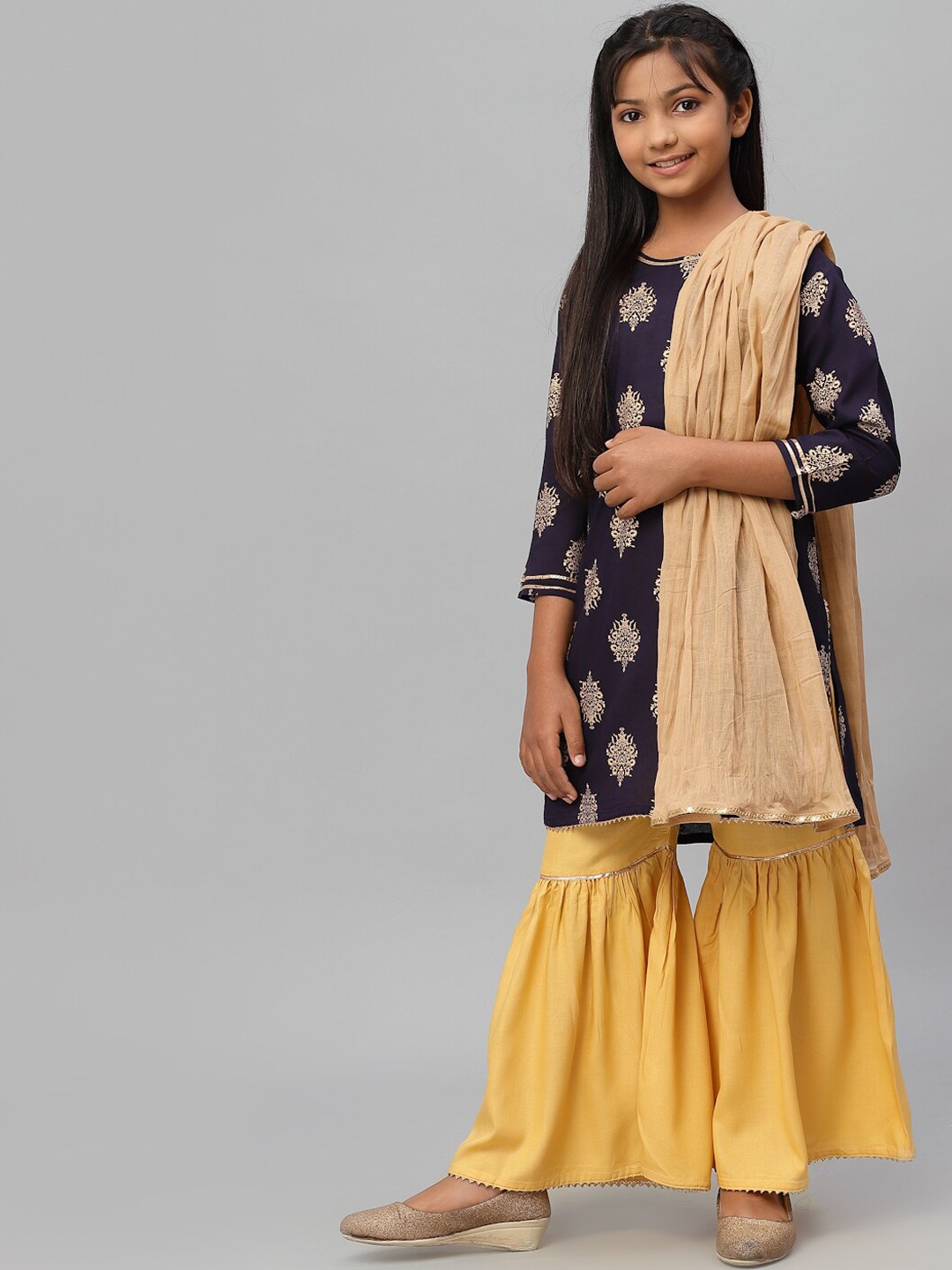 

NISHAB Girls Blue Ethnic Motifs Printed Kurta with Sharara & Dupatta