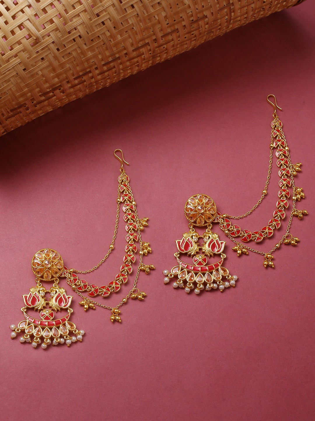 

Voylla Red Gold Plated Apsara Bridal with Pearl Traditional Chain Earrings