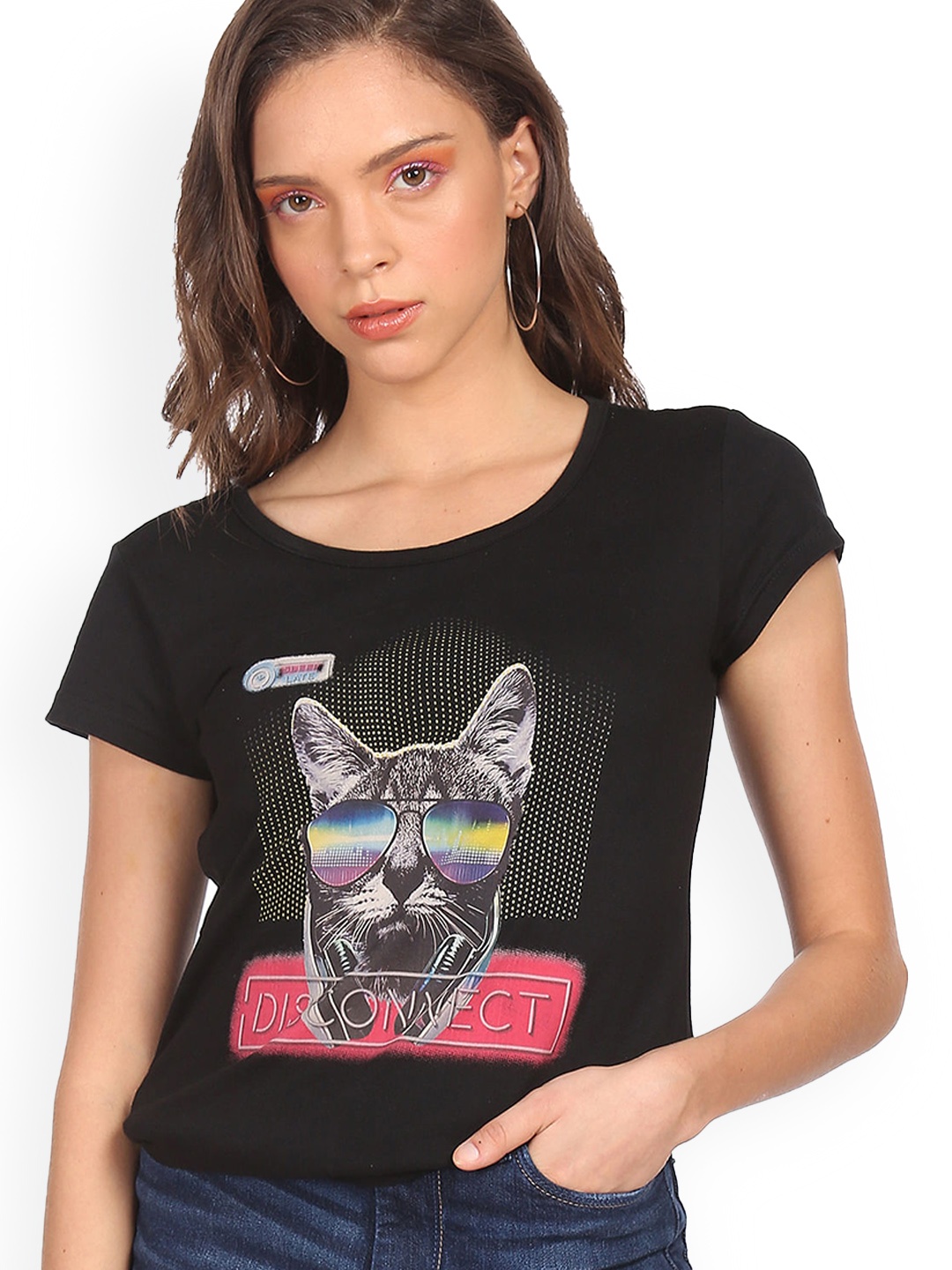 

Sugr Women Black & Pink Printed Pure Cotton T-shirt