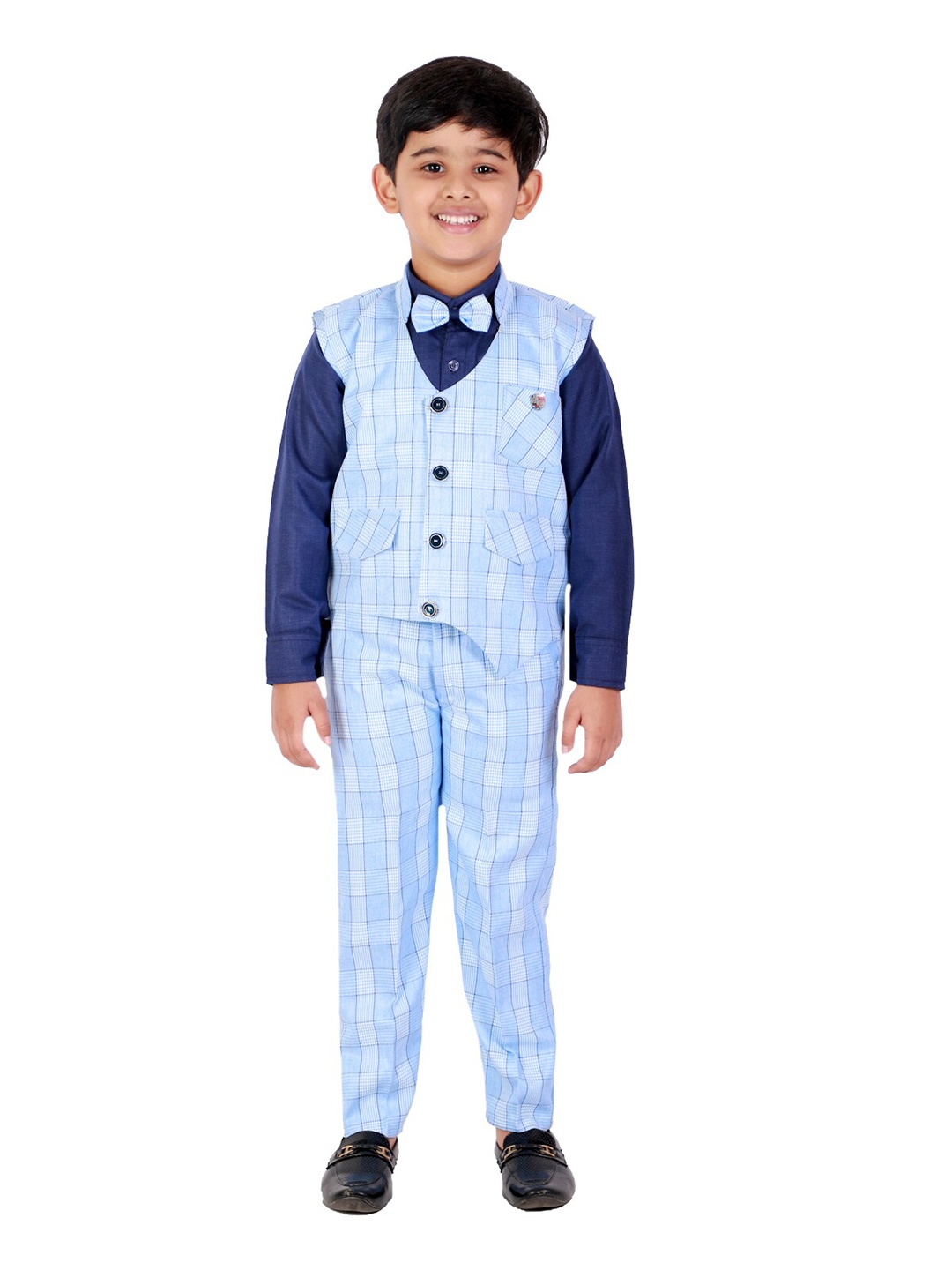 

FOURFOLDS Boys Blue & White Shirt Trousers with Waist Coat