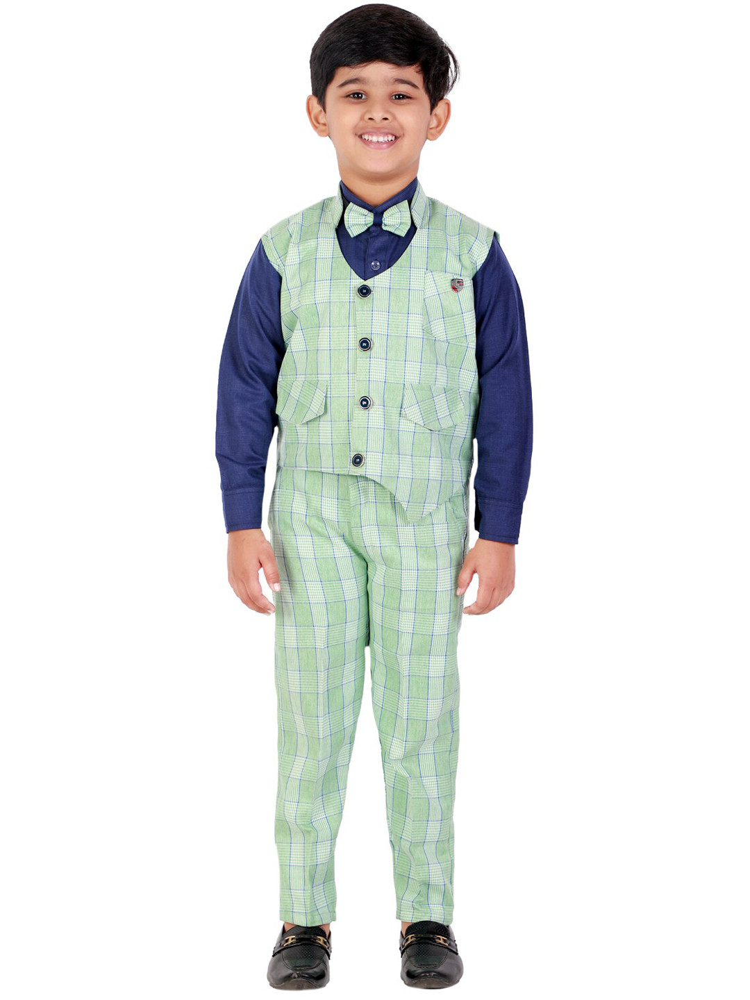 

FOURFOLDS Boys Green & Navy Blue Regular Fit Checked 3-Piece Suit