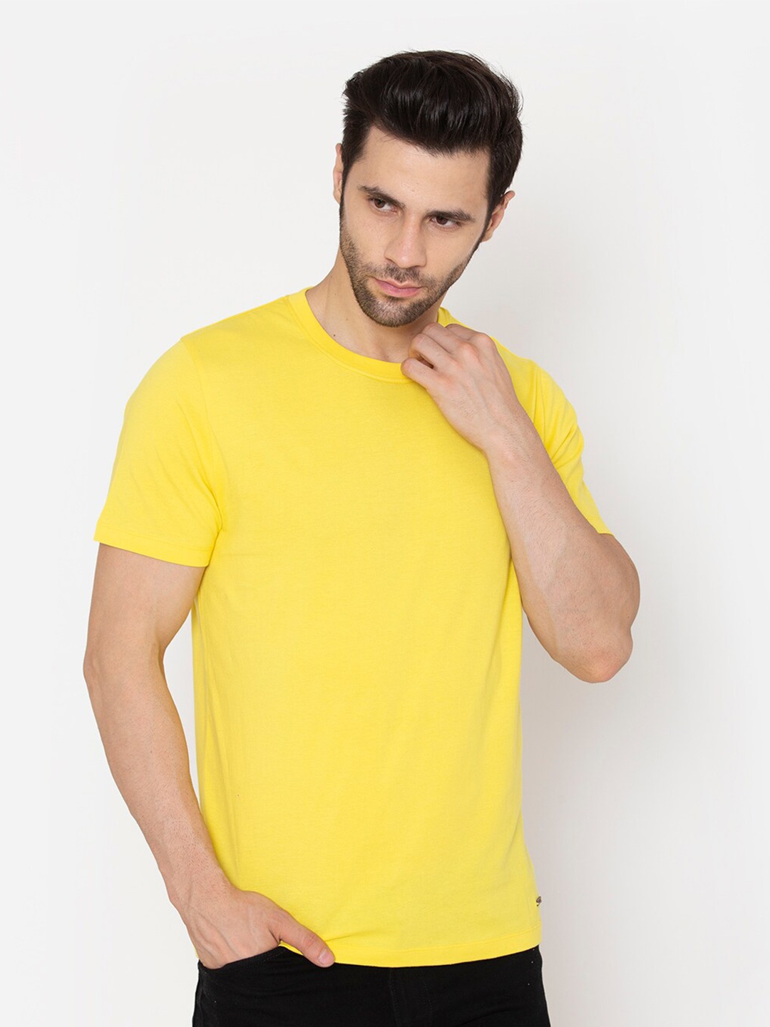 

FLAWLESS Men Yellow Solid Cotton T-shirt