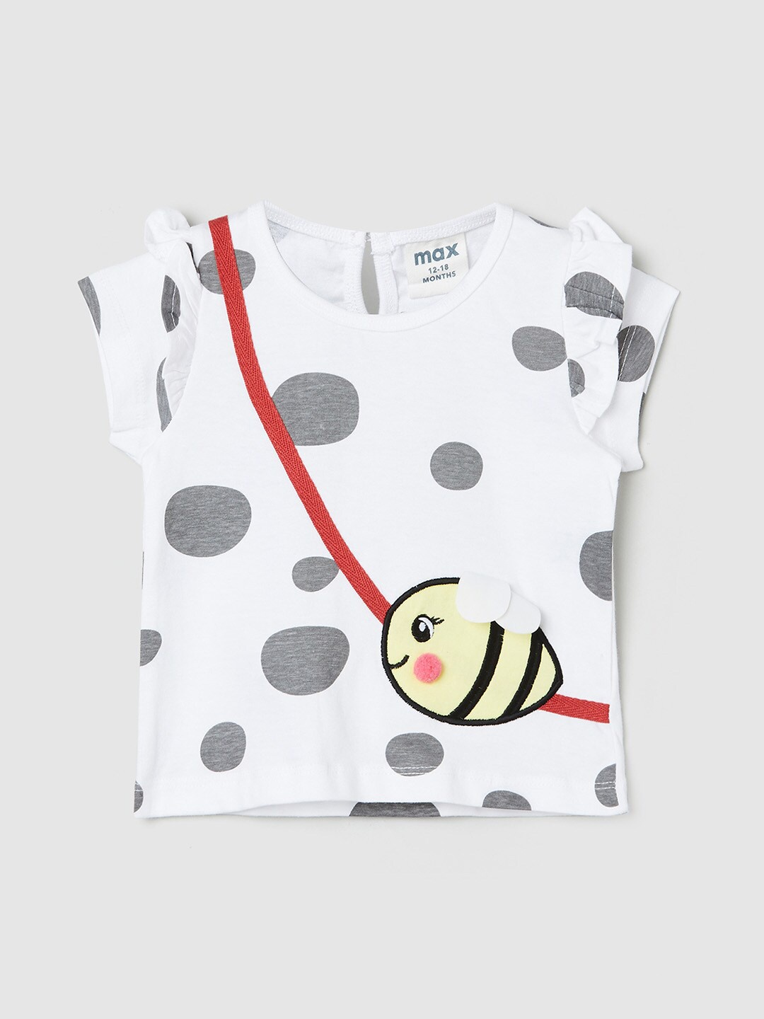 

max Girls White & Grey Graphic Print Ruffled Pure Cotton Top