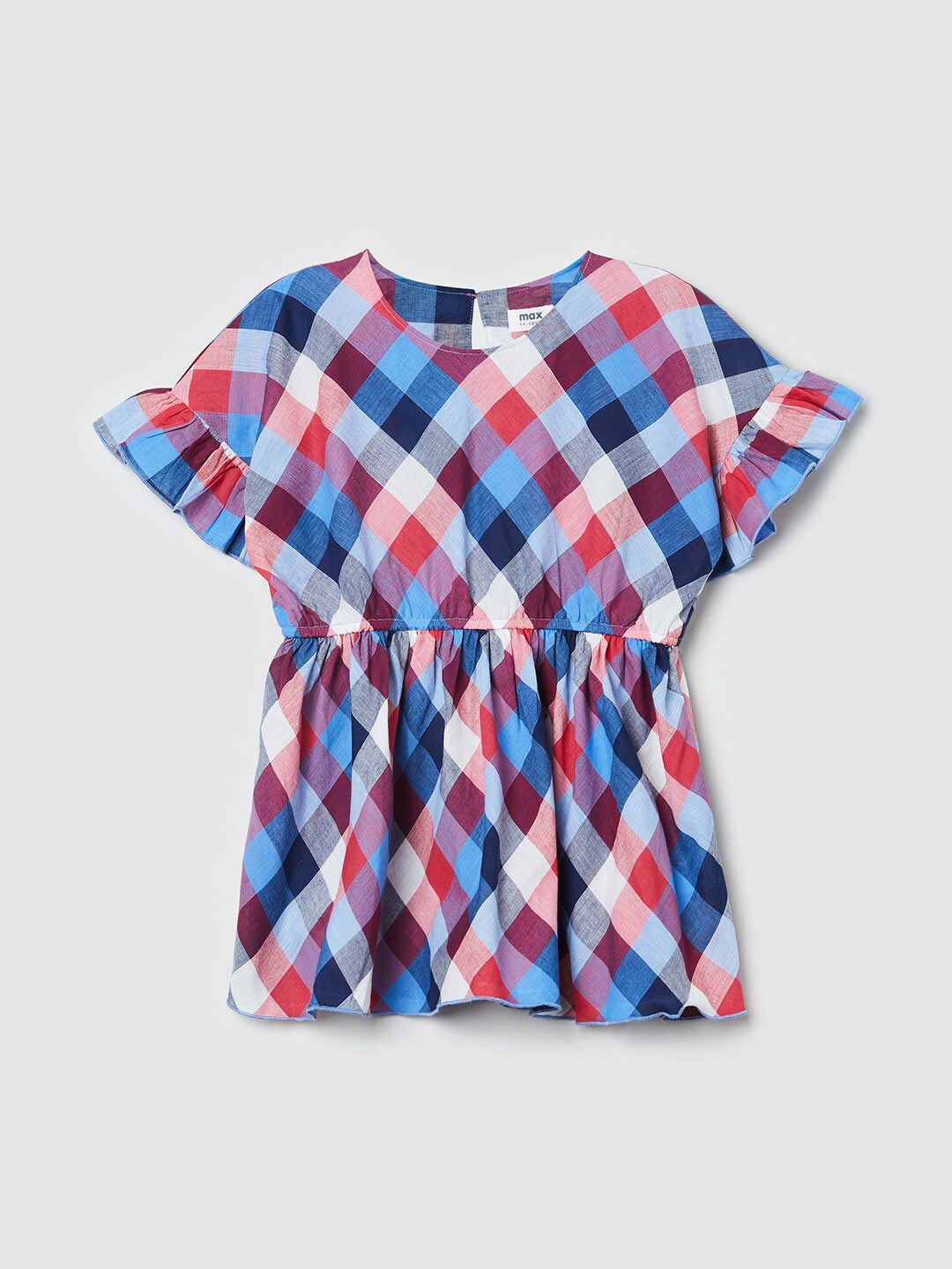 

max Girls Blue & Red Checked Pure Cotton Cinched Waist Top