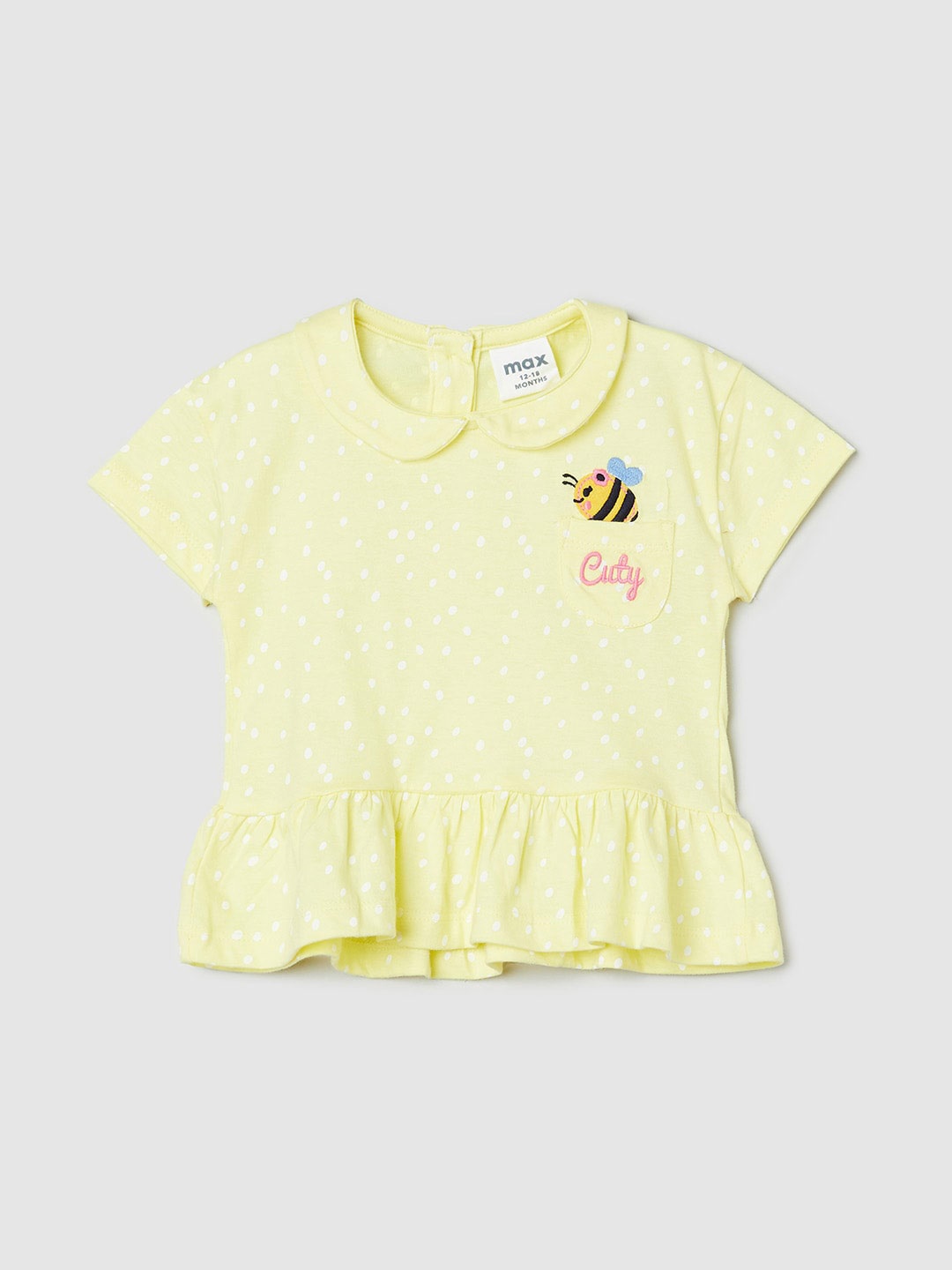 

max Girls Yellow Printed Pure Cotton Peter Pan Collar Ruffles Peplum Top