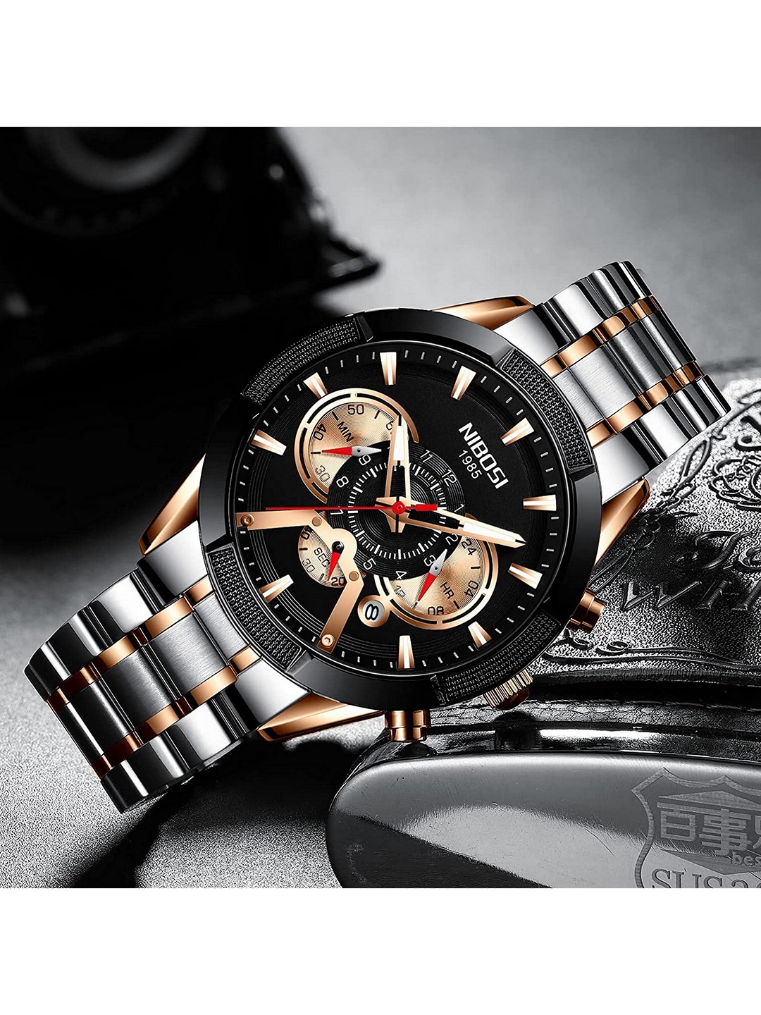 

Nibosi Men Black Dial & Silver Toned Stainless Steel Bracelet Style Straps Analogue Watch NB-2379-