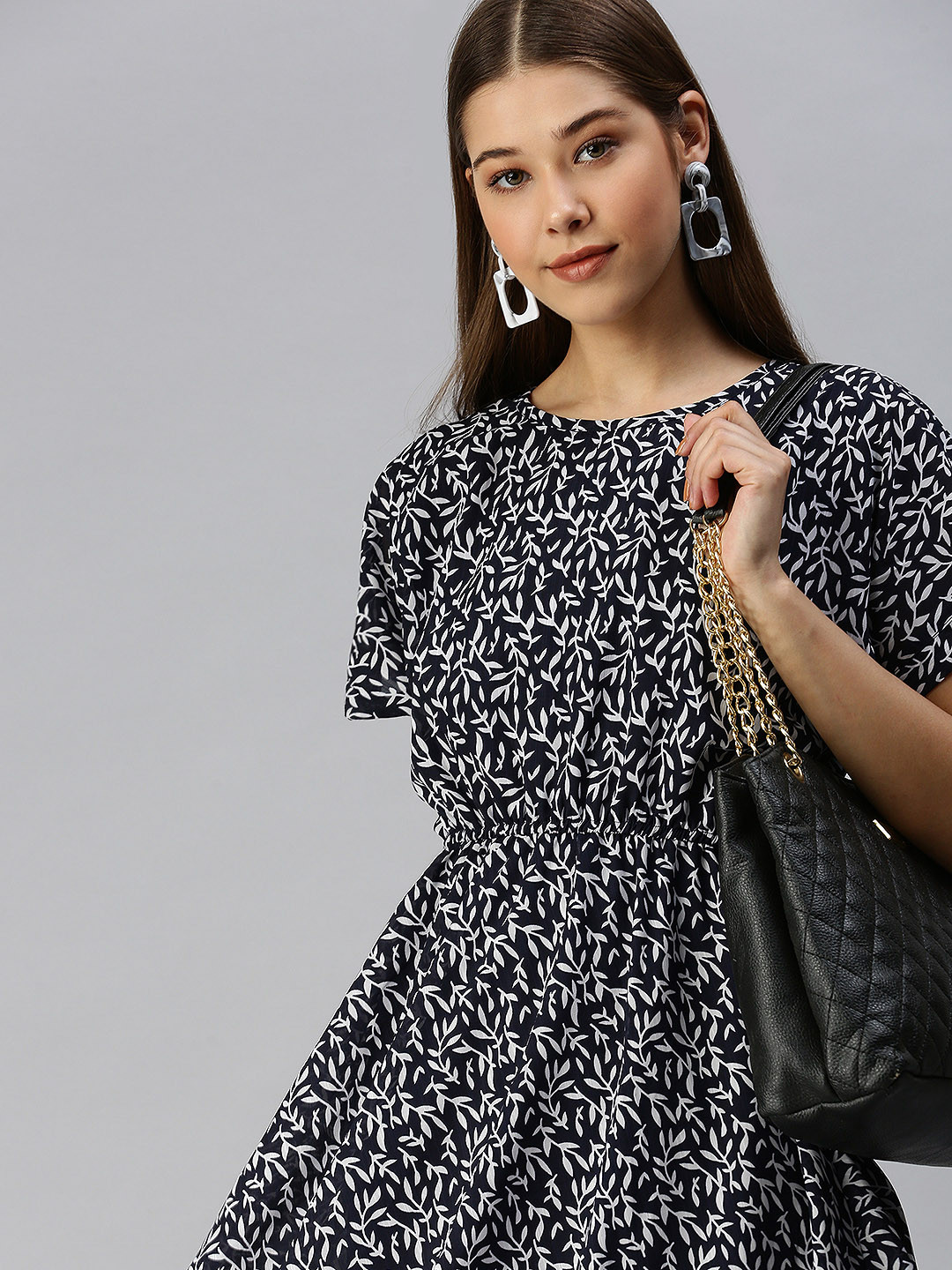 

SHOWOFF Navy Blue & White Floral Georgette A-Line Dress