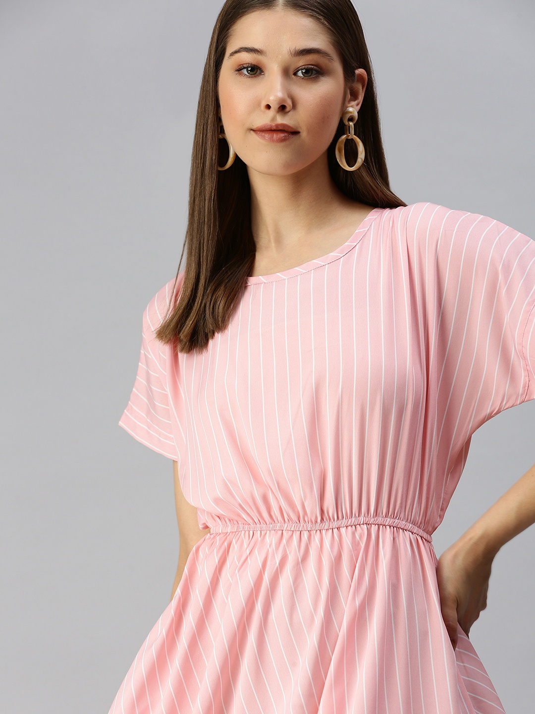 

SHOWOFF Peach-Coloured & White Striped Extended Sleeves Fit & Flare Midi Dress