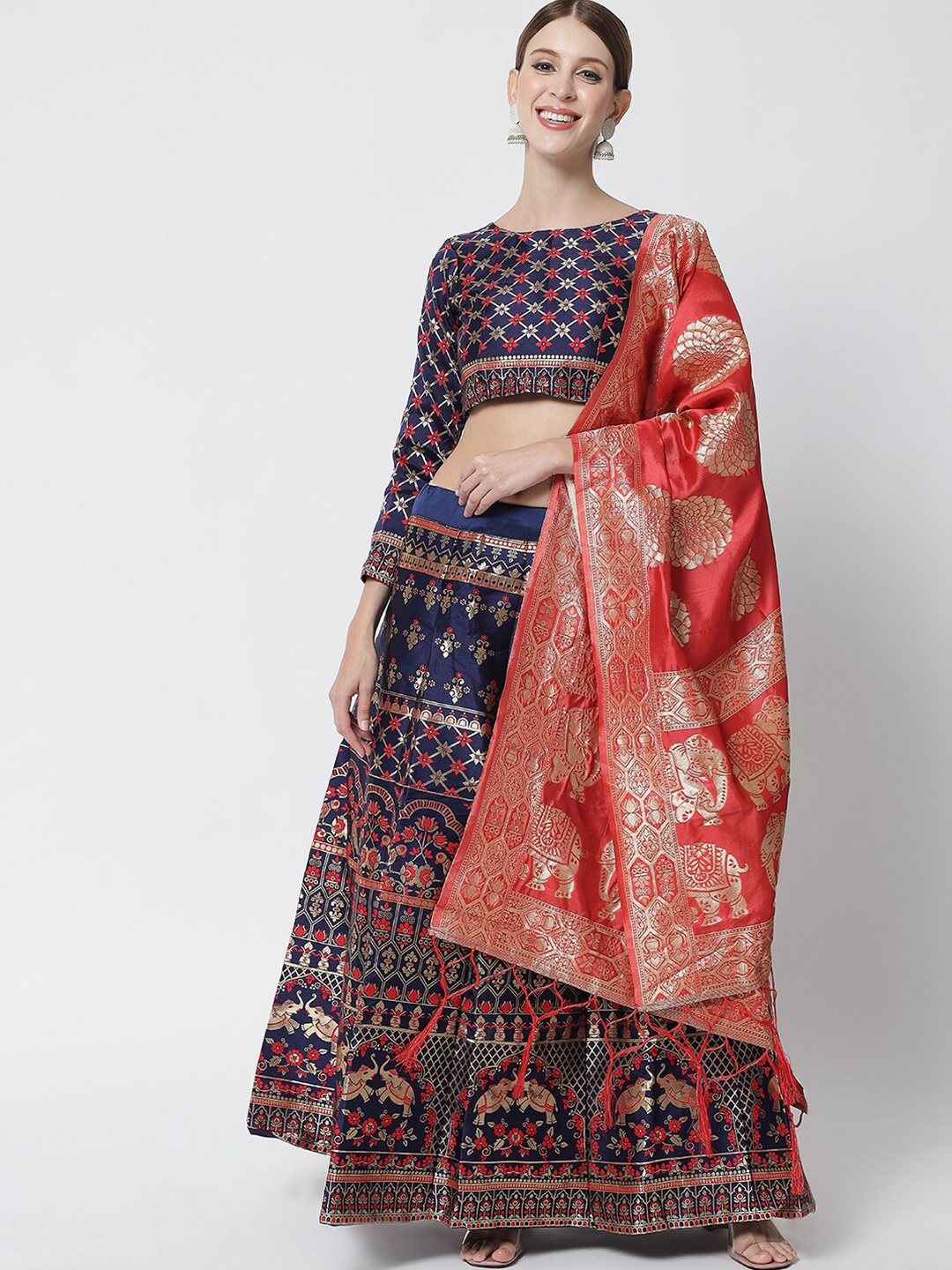 

DIVASTRI Blue & Red Banarasi Ready to Wear Lehenga & Unstitched Blouse With Dupatta