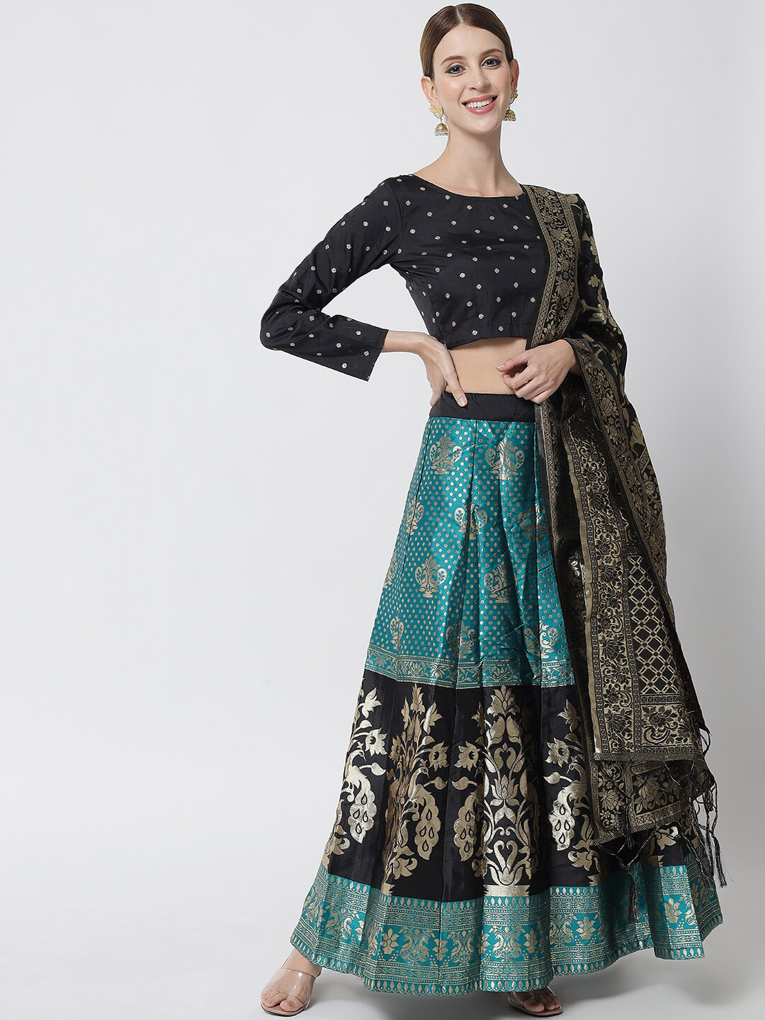 

DIVASTRI Black & Turquoise Blue Printed Ready to Wear Lehenga & Unstitched Blouse With Dupatta
