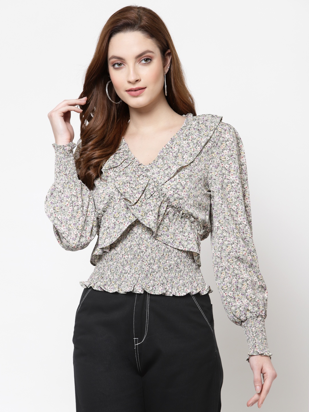 

Mafadeny Green & White Floral Print Smocked Ruffled Blouson Top