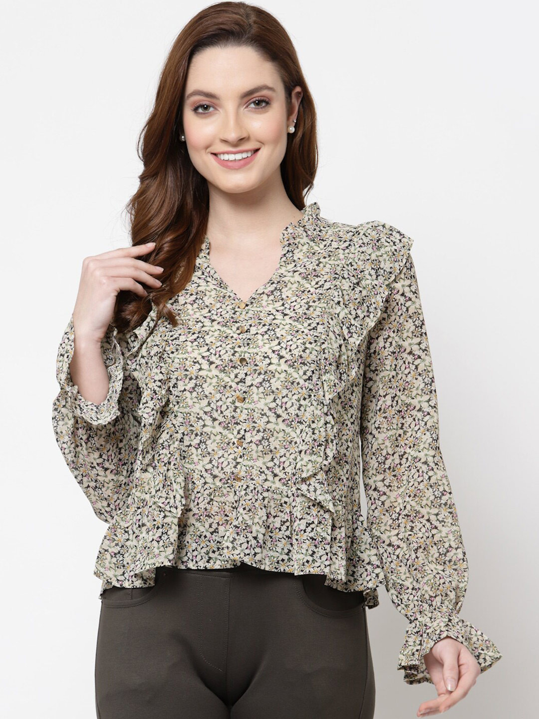 

Mafadeny Green Floral Print Ruffles Georgette Knitted Peplum Top