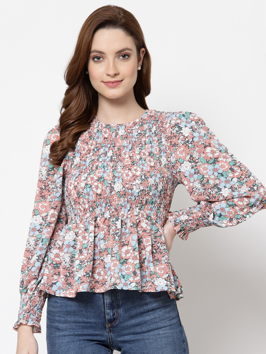 

Mafadeny Peach-Coloured Floral Print Peplum Top