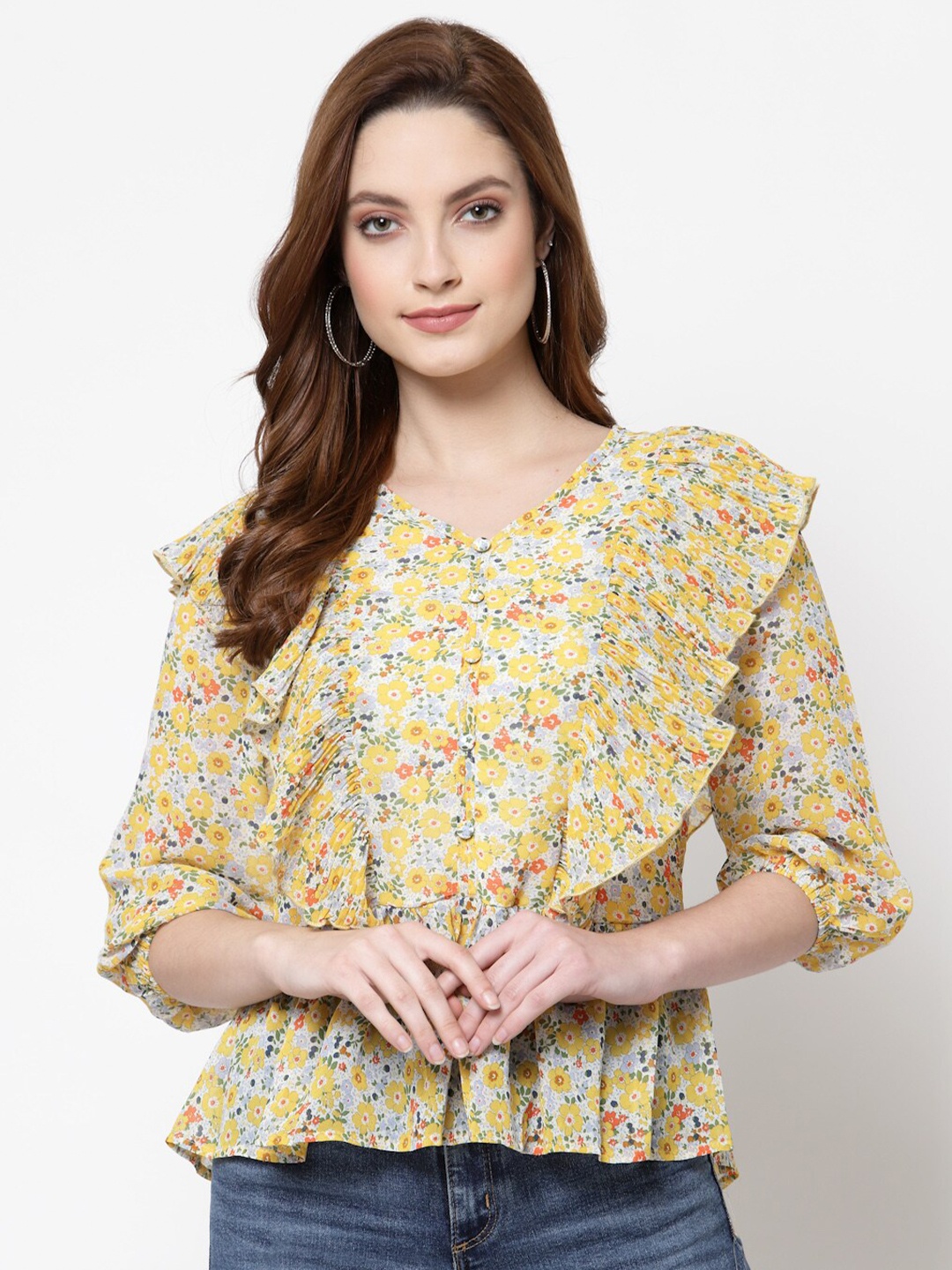 

Mafadeny Yellow Floral Print Georgette Top, Grey