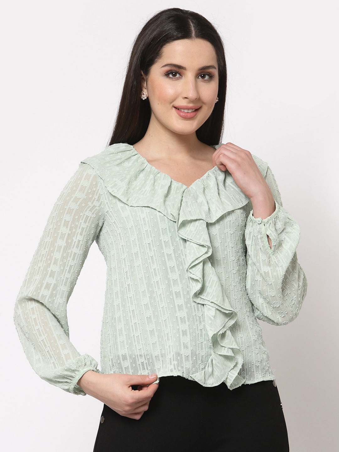 

Mafadeny Green Self Design Ruffles Full Sleeves Georgette Top