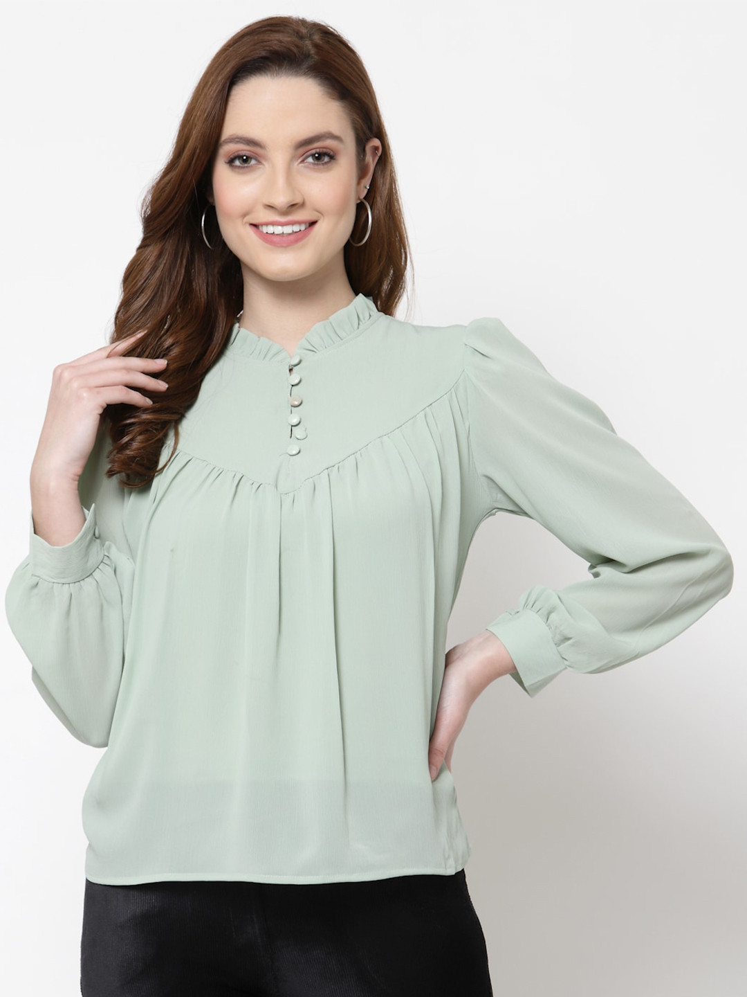 

Mafadeny Green Mandarin Collar Chiffon Top