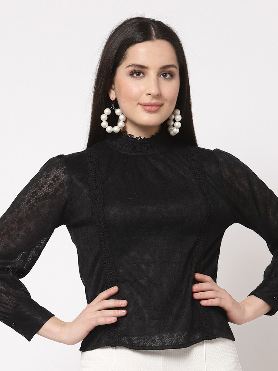

Mafadeny Black Self Design High Neck Lace Top