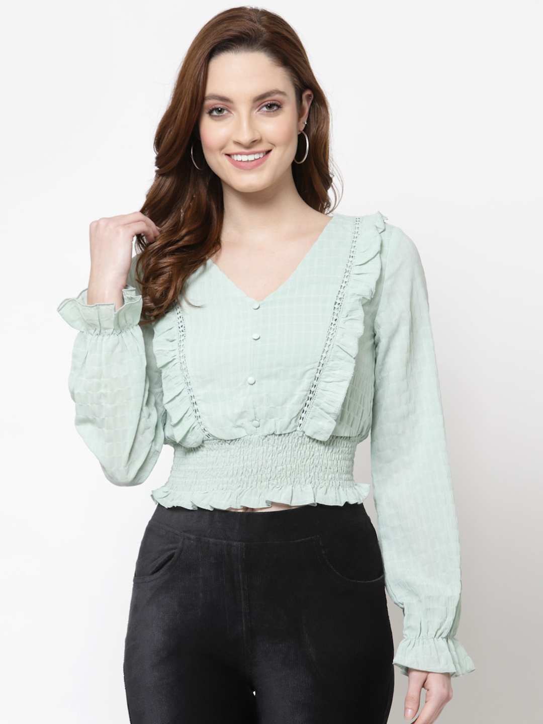

Mafadeny Green Blouson Crop Top