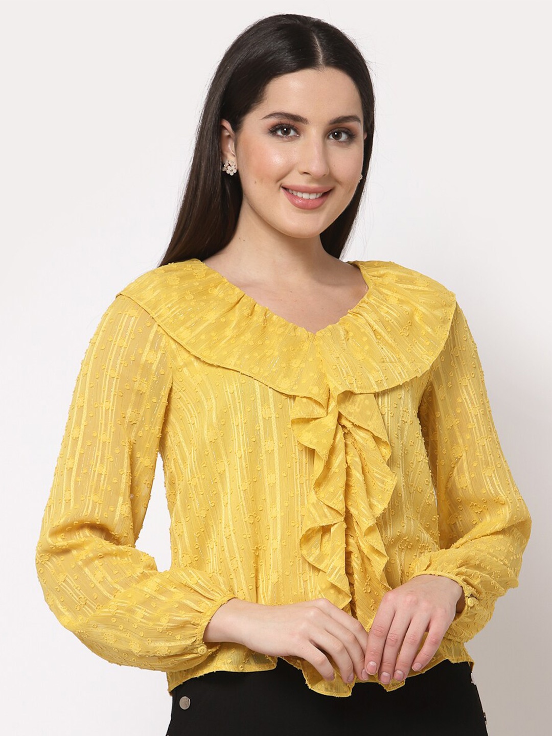 

Mafadeny Yellow Self Design Ruffles Full Sleeves Georgette Top