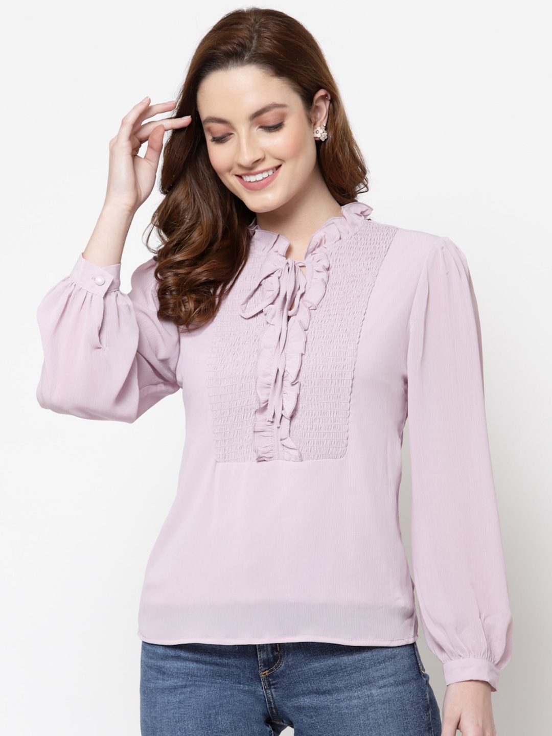 

Mafadeny Mauve Tie-Up Neck Chiffon Top