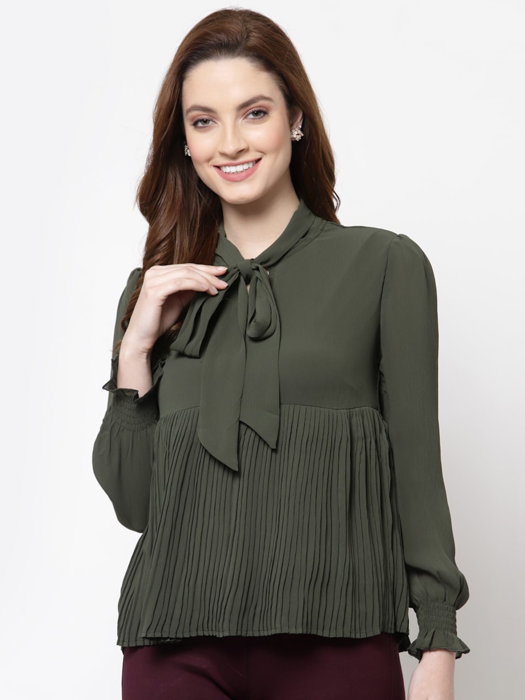 

Mafadeny Olive Green Tie-Up Neck Chiffon Top