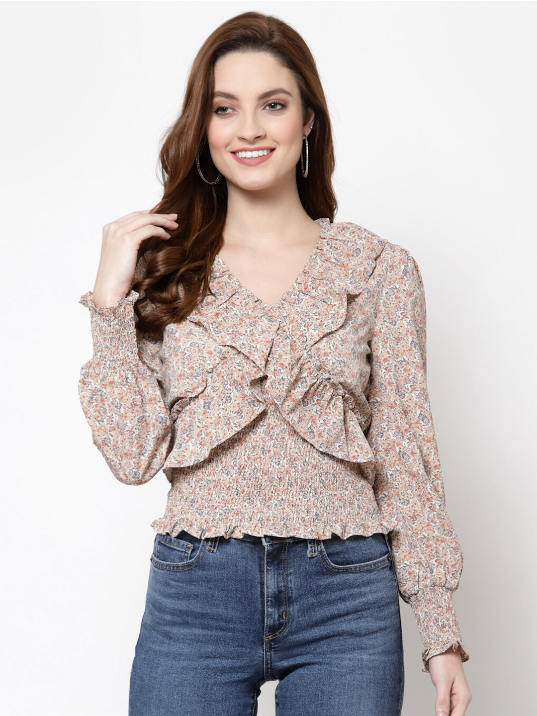 

Mafadeny Women Beige Floral Printed Georgette Wrap Top