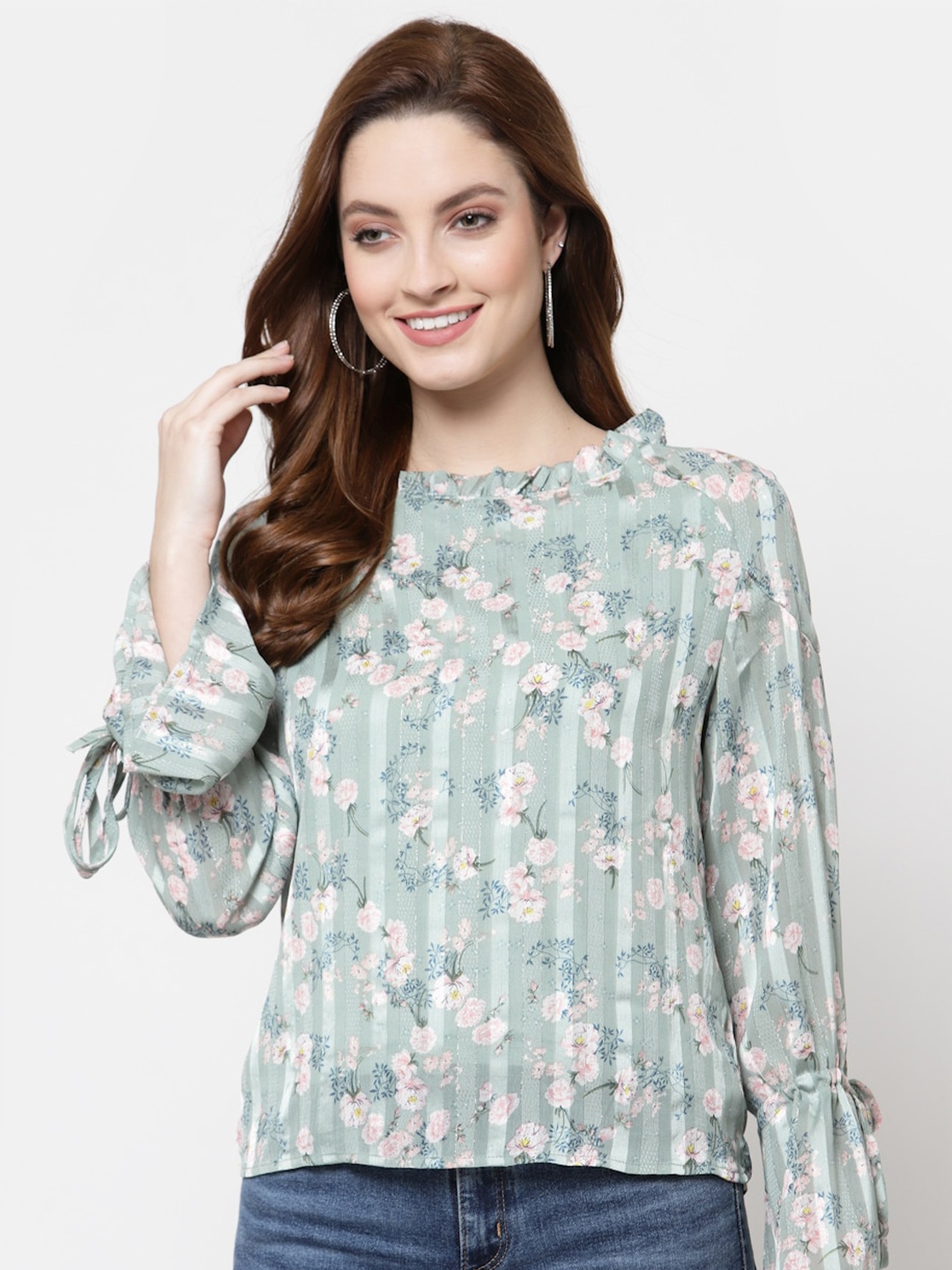 

Mafadeny Green & Pink Floral Print Georgette Top