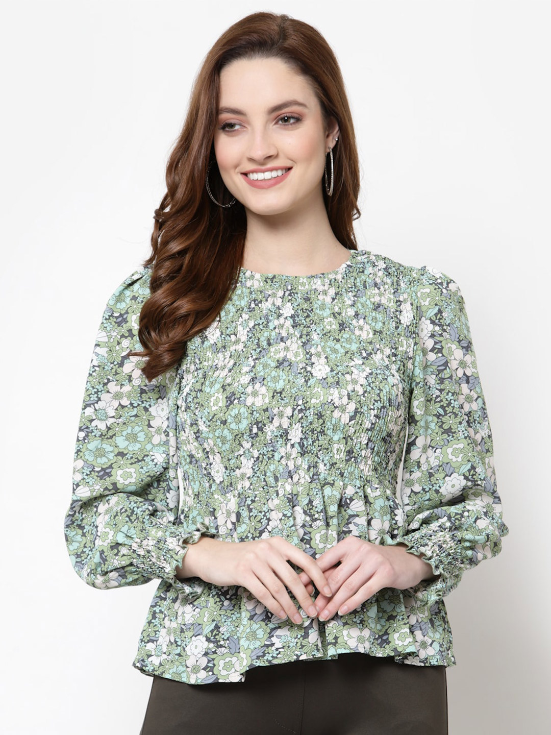 

Mafadeny Women Green Floral Printed Cinched Waist Top